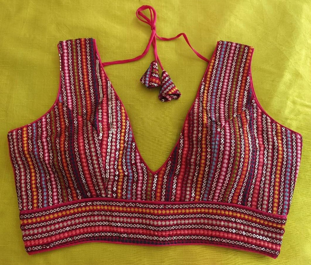 Pujia Mills Womens Sleeveless Readymade sabyasachi Pattern V Neck Blouse Embroidery Work with Sequence Blouse Indian Ethnic wea