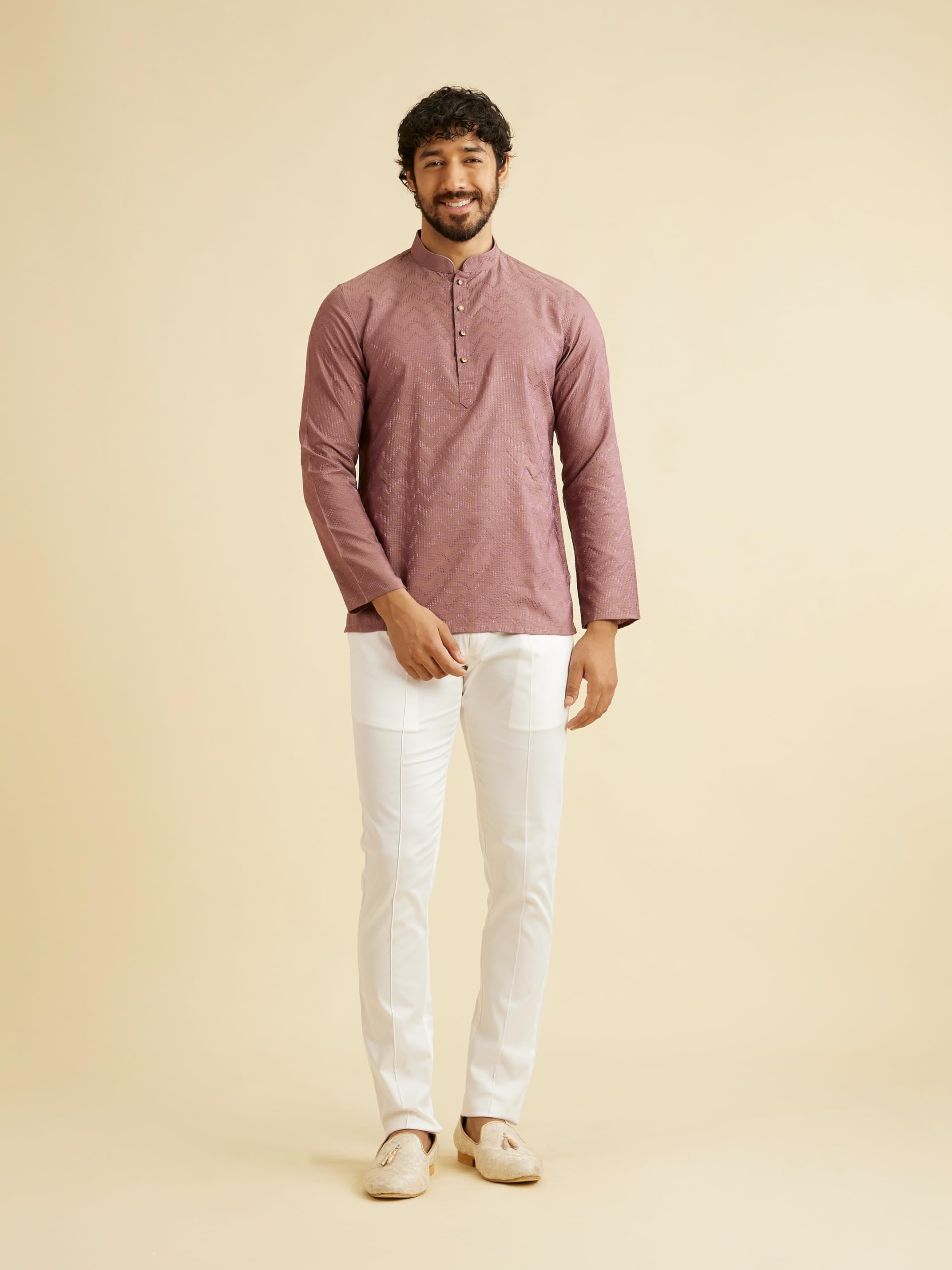 Manyavar MenS Viscose Blend Textured Short Kurta (Pink,L)