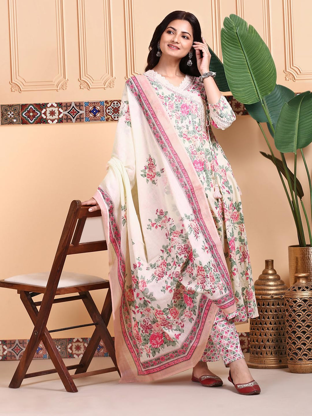 Ishin Floral Printed V-Neck Pure Cotton Kurta With Trousers & Dupatta | Kurta Set For Women | Kurta With Trousers And Dupatta