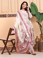 Ishin Floral Printed V-Neck Pure Cotton Kurta With Trousers & Dupatta | Kurta Set For Women | Kurta With Trousers And Dupatta