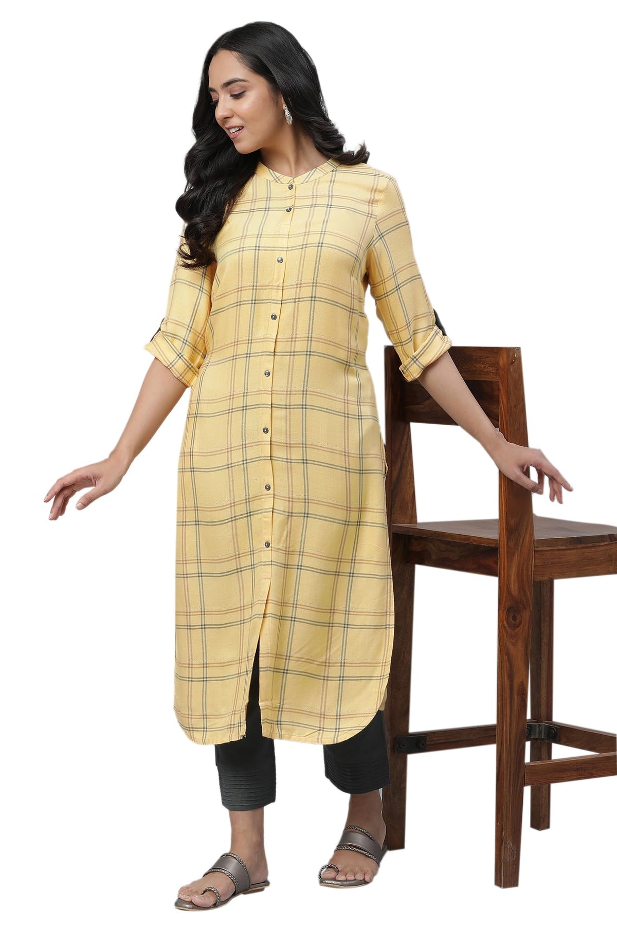 Aurelia WomenS Pale Yellow Checks Yarn Dyed Rayon Twill Straight Kurta_23Aua14302-704342_Xxl