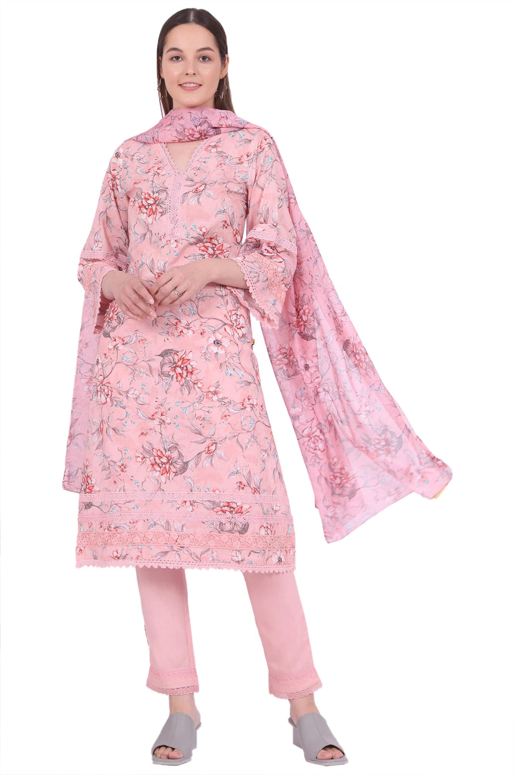 Aurelia Women'S Pink Printed Straight Kurta With Trouser & Dupatta Set (Size: L)-As15557-508775