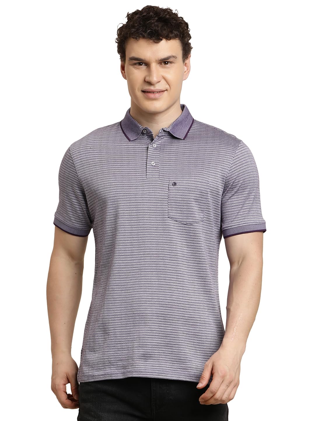 Turtle Men Purple Self Design Slim Fit Pure Cotton Polo T-Shirt