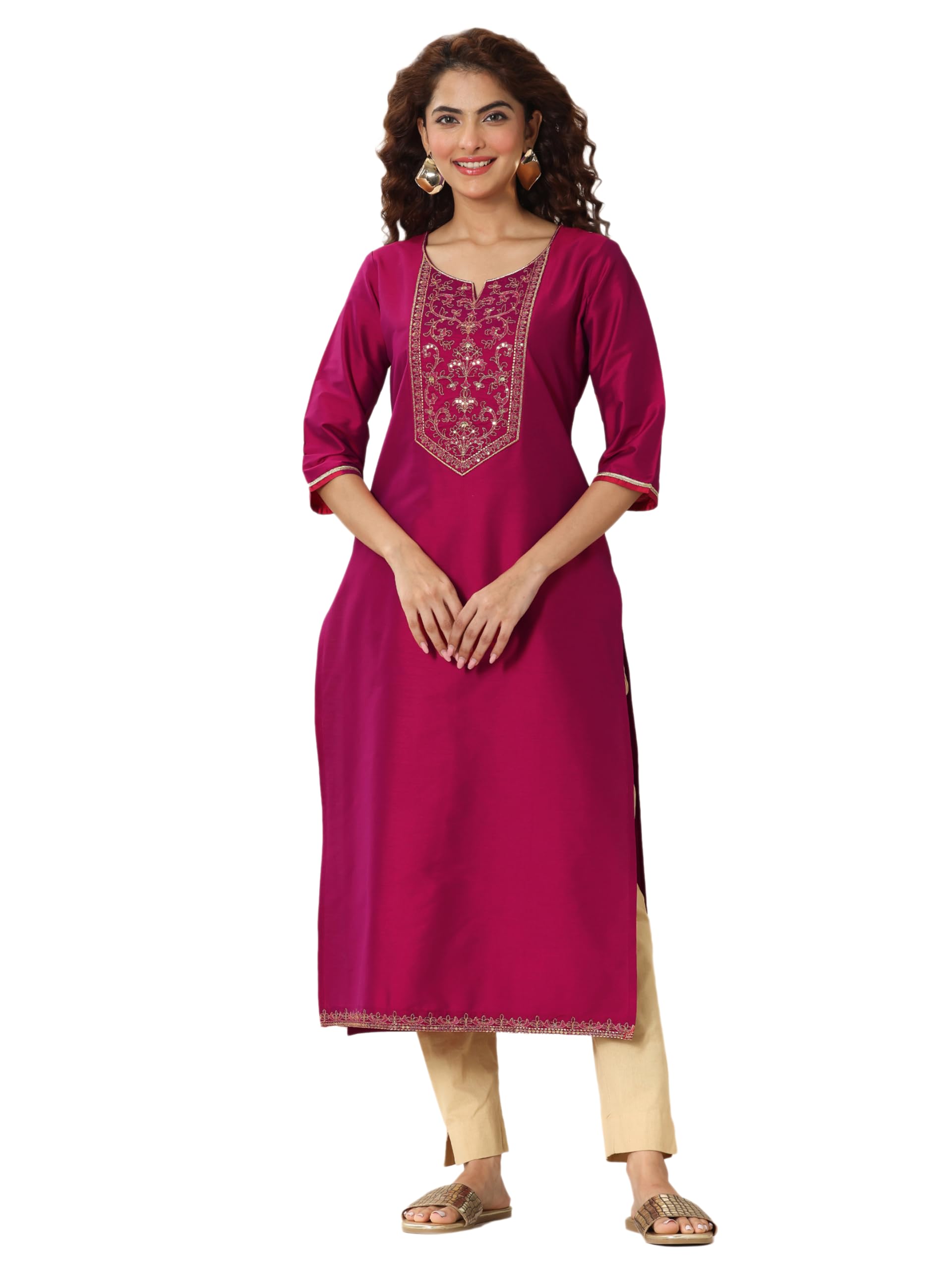 Libas WomenS Silk Floral Straight Kurtas (98152_Pink_Xxl)