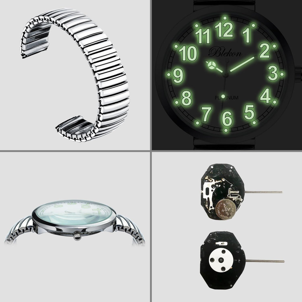 Blekon Collections New Super Large Face Stretch Band Japanese Movement PC21J Fashion Watch (Silver/Luminous)