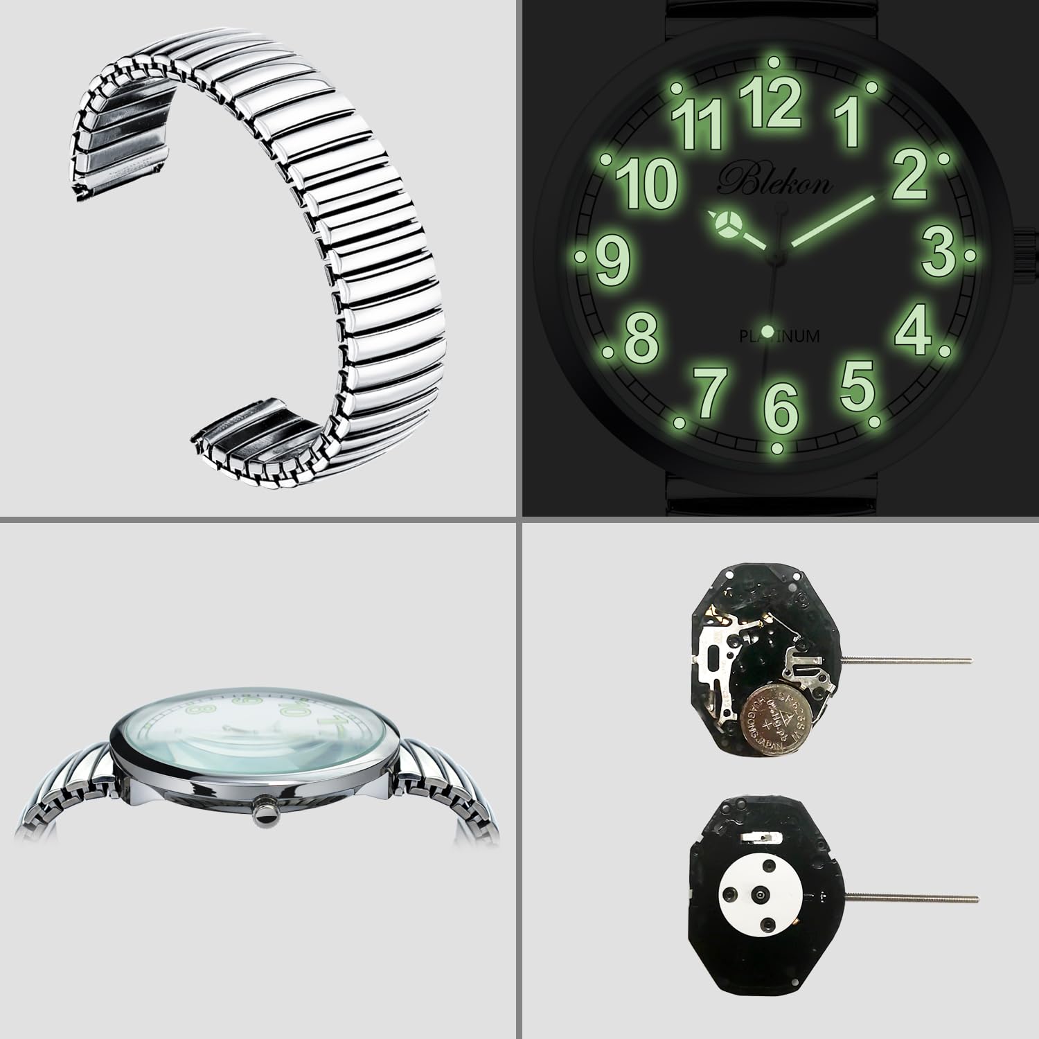 Blekon Collections New Super Large Face Stretch Band Japanese Movement PC21J Fashion Watch (Silver/Luminous)