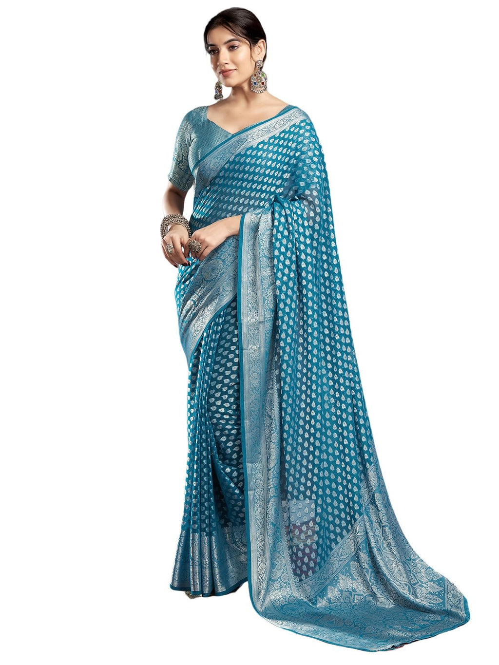 Satrani Womens Georgette Banarasi Jacquard Saree with Unstitched Blouse Piece (3813S6112N_Teal Blue & Silver4)