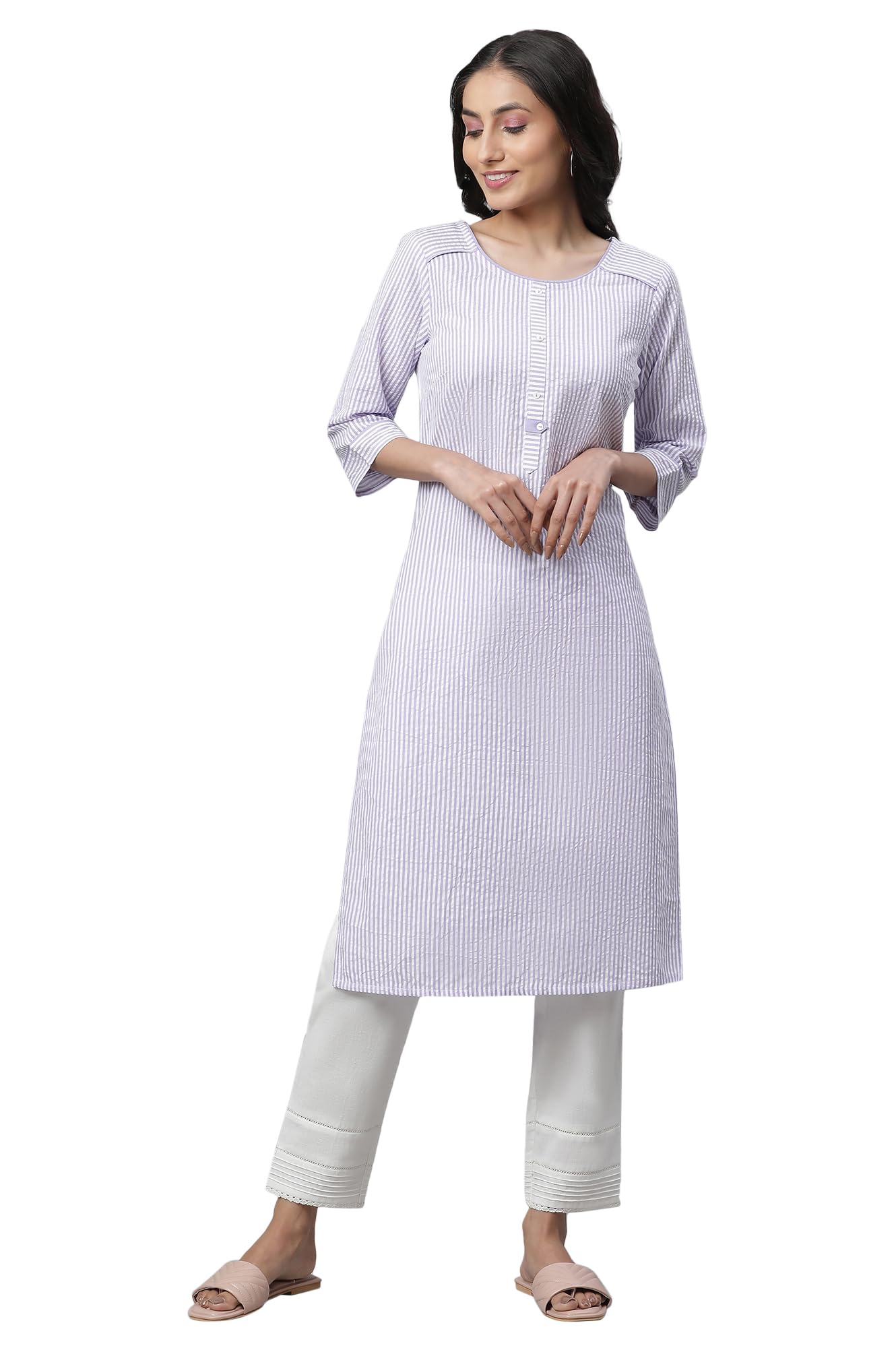 Aurelia Purple Striped Cotton Regular Kurta For Women