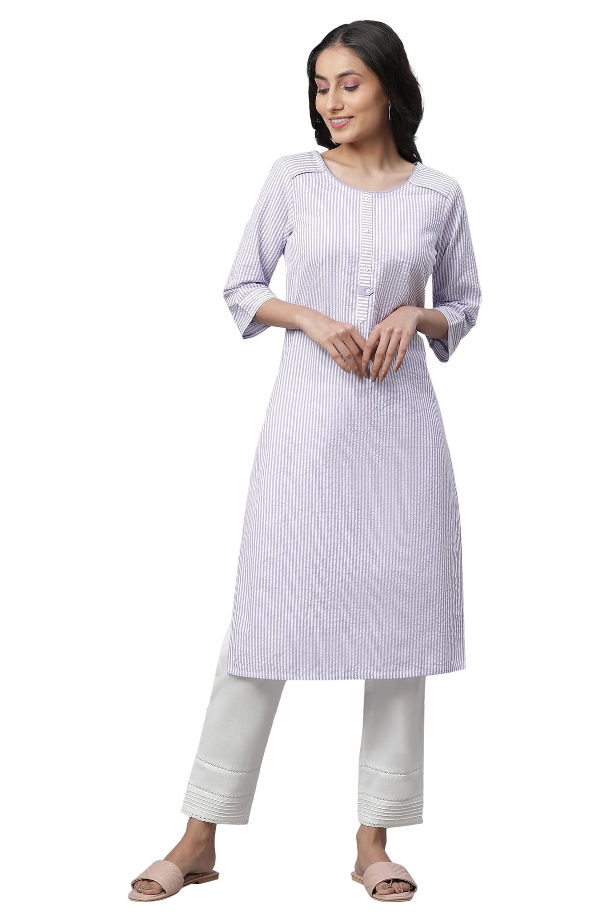 Aurelia Purple Striped Cotton Regular Kurta For Women