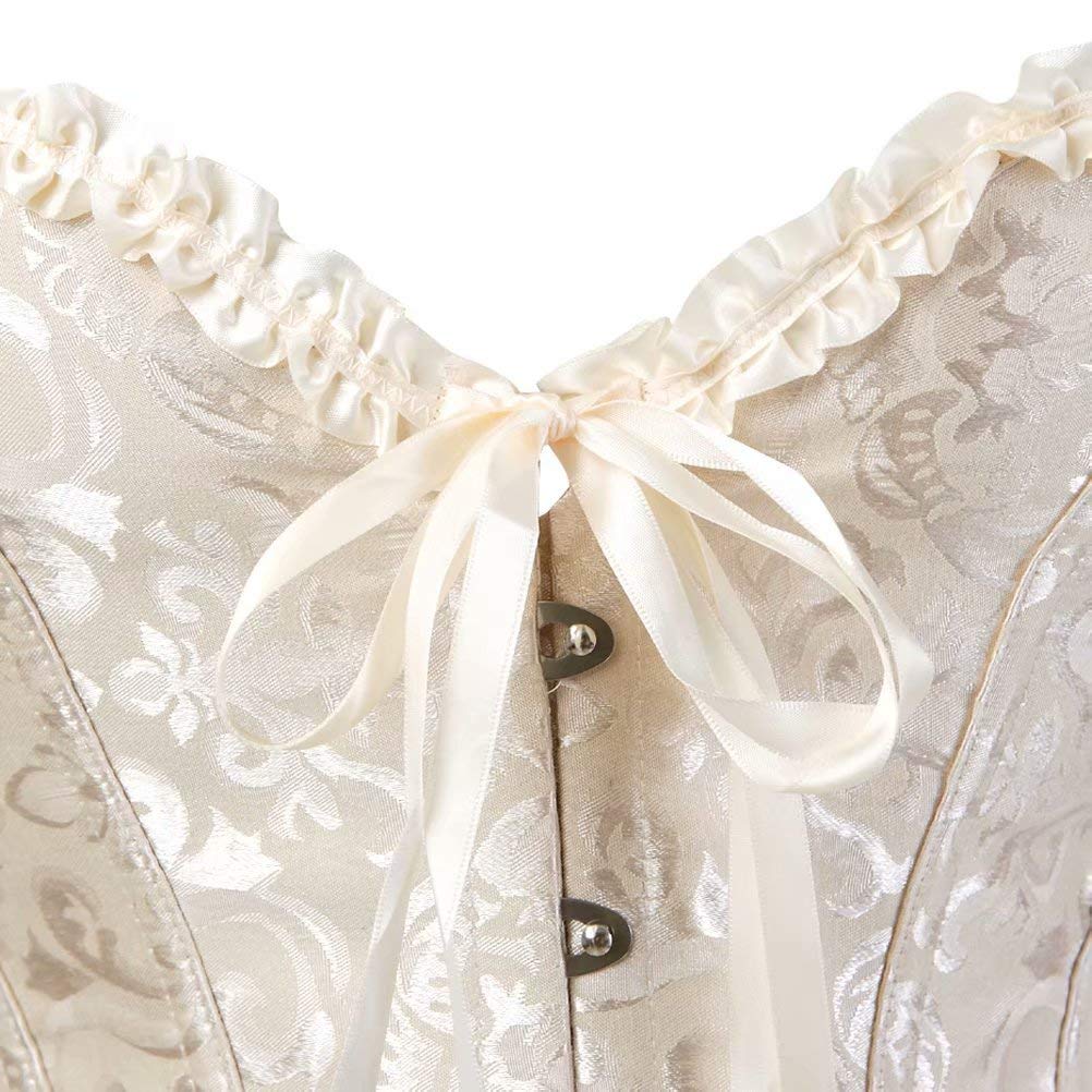 SHYMMUO Women's Lacing Corset Top Satin Floral Boned Overbust Body Shaper Bustier Beige M