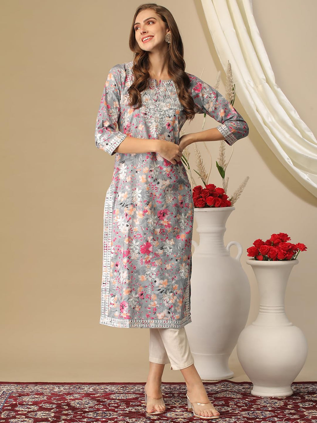 ANNI DESIGNER Kurta Straight Fit Rayon Women s, grey, 2XL