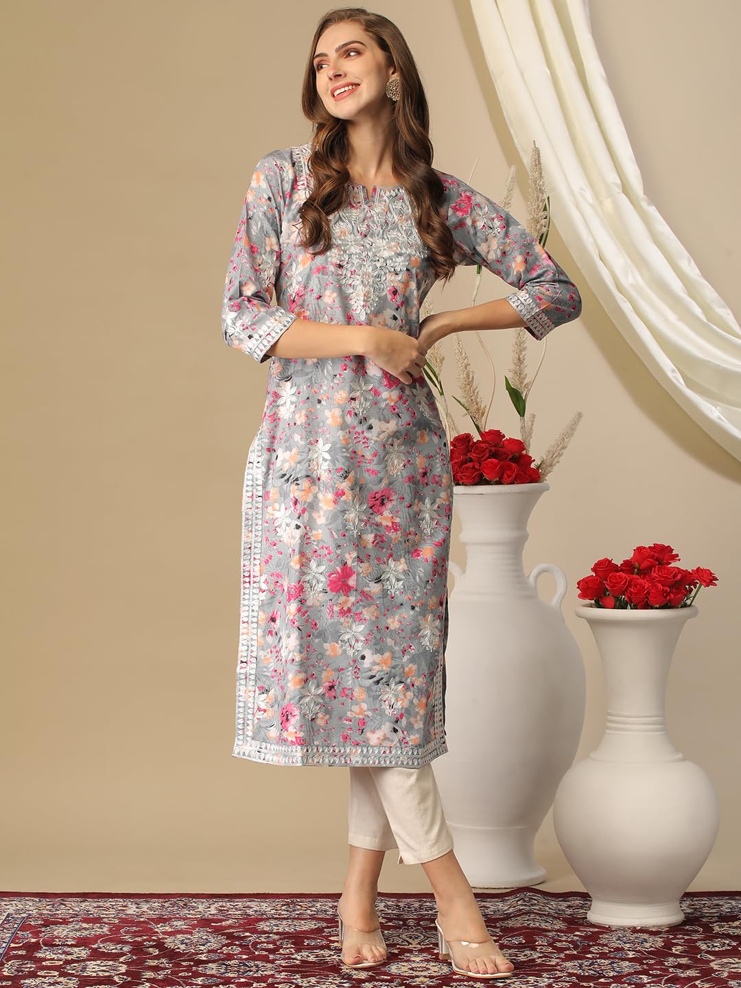 ANNI DESIGNER Kurta Straight Fit Rayon Women s, grey, 2XL