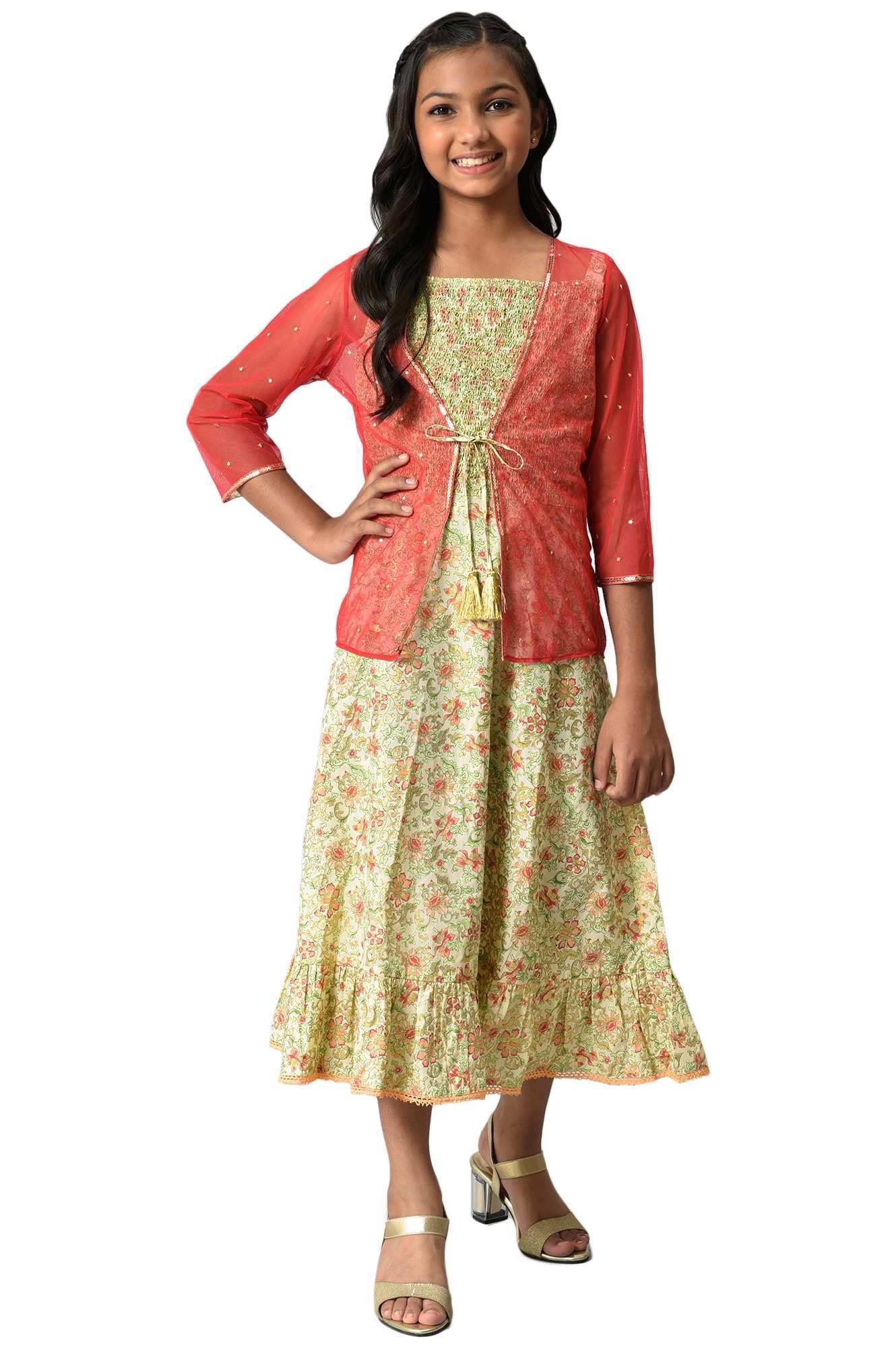 Aurelia Girls Pink Geometric Printed Flared Dress with Gillet_22AUG10253A-506135_4-5