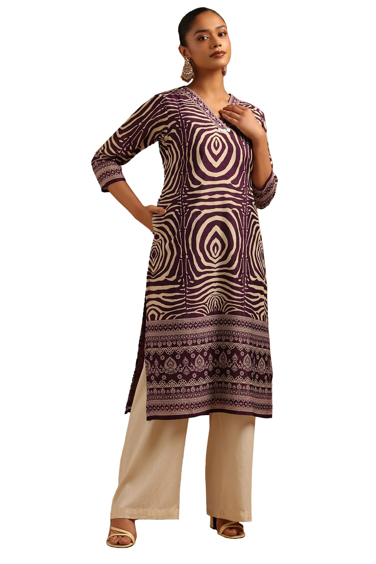 Soch Women Russian Silk Geometric Kurta with Hand Embroidery and Bead Details