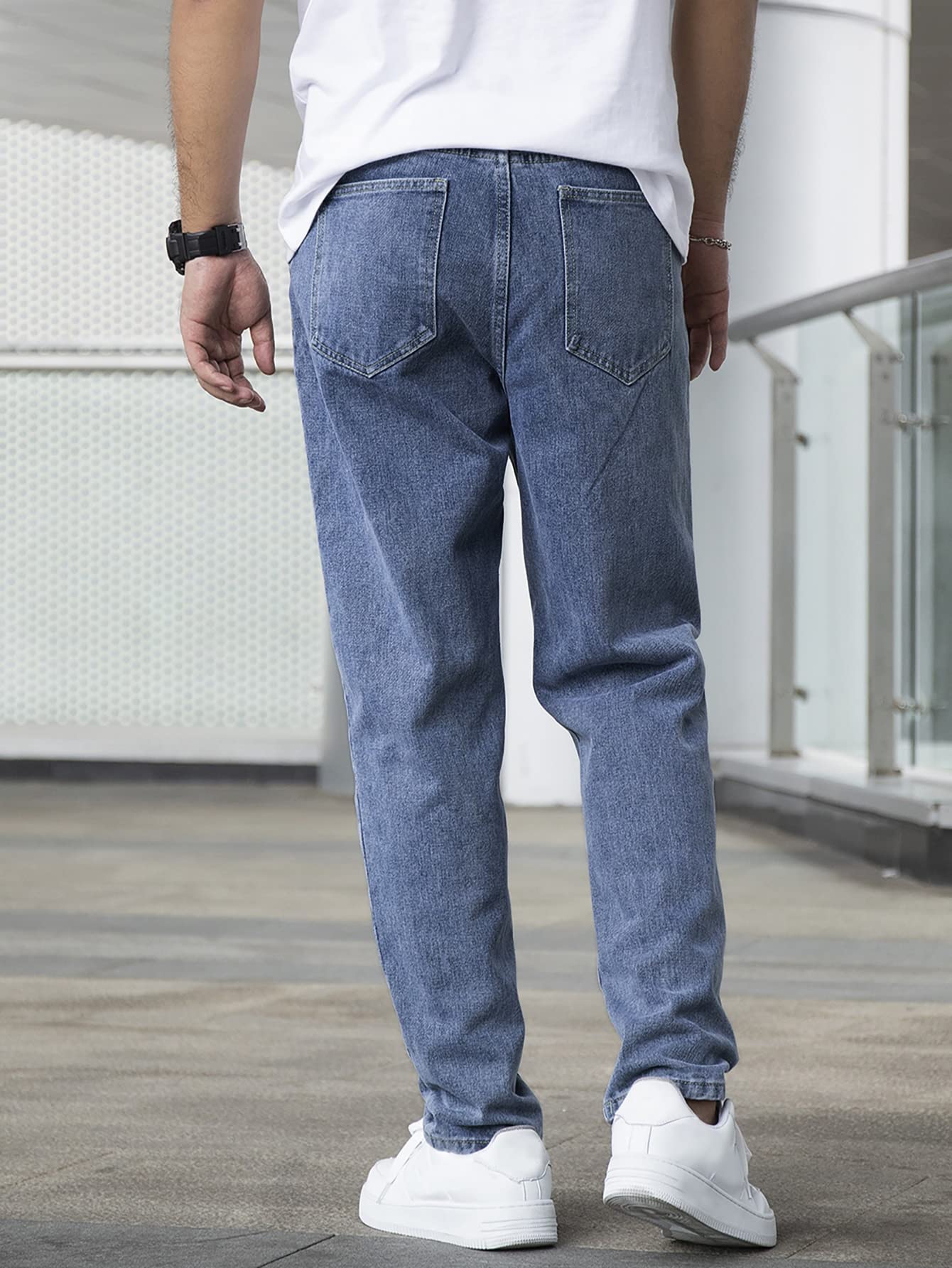AVANOVA Mens Dark Blue Slant Pocket Wide Leg Jeans  Casual Loose Fit Denim Pants, Cotton Blend Trousers with Slant Pockets for D