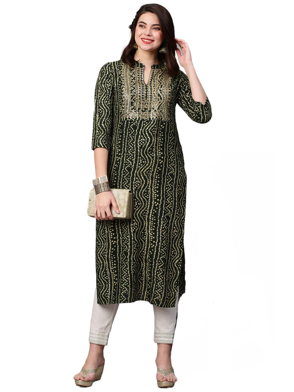Gosriki Women'S Pure Cotton Rayon Printed Straight Bandhani Kurta (Rugari-Green-Gs_Xl_Green_X-Large)