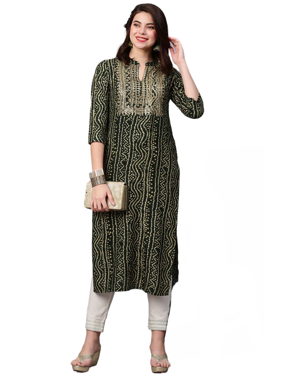 Gosriki Women'S Pure Cotton Rayon Printed Straight Bandhani Kurta (Rugari-Green-Gs_Xl_Green_X-Large)