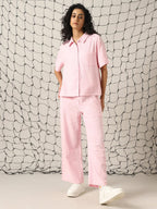 Hubberholme Women Cotton Solid Oversized Fit High-Rise Spread Collar Short Sleeves Co-Ord