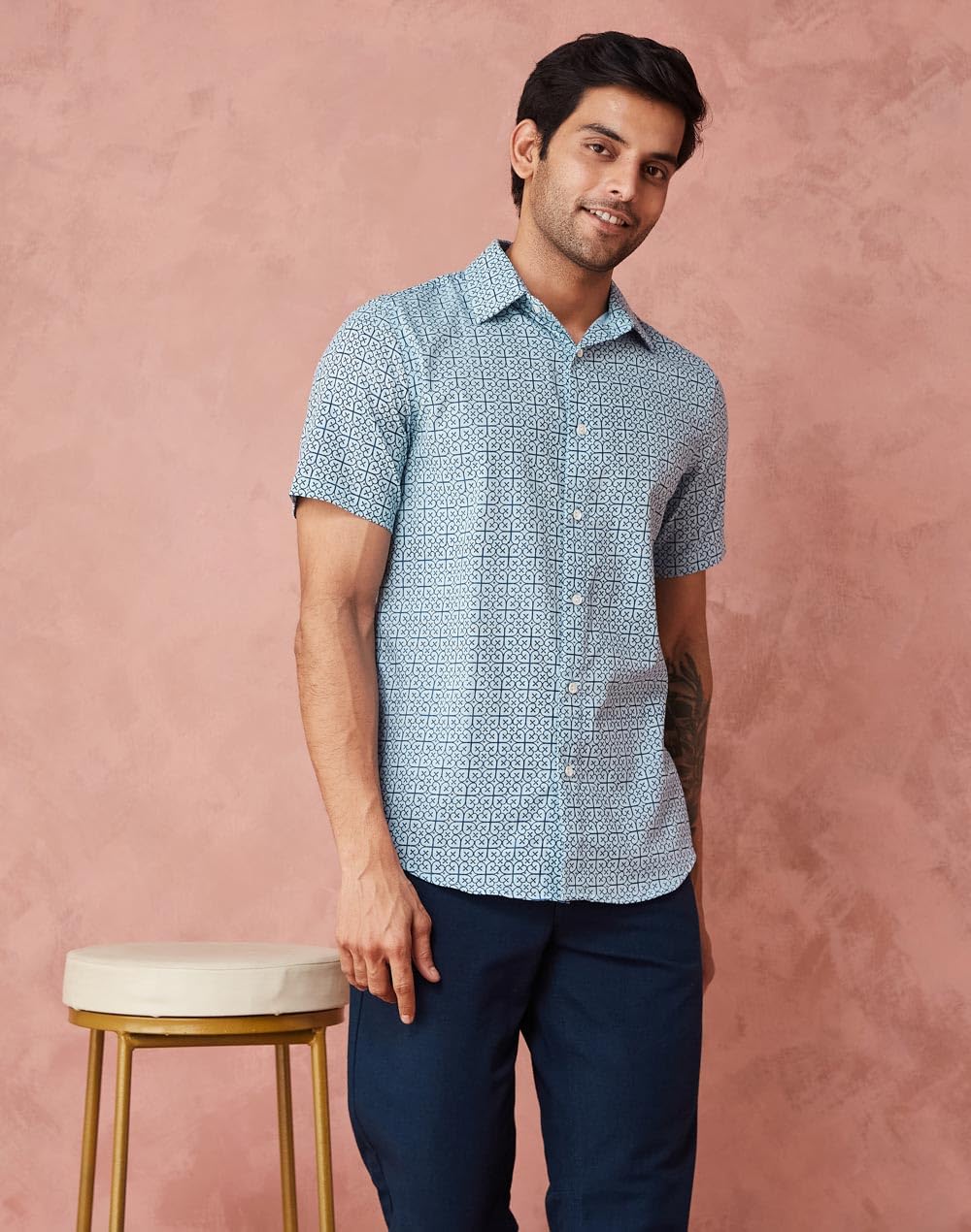Fabindia Blue Cotton Printed Slim Fit Regular Shirt