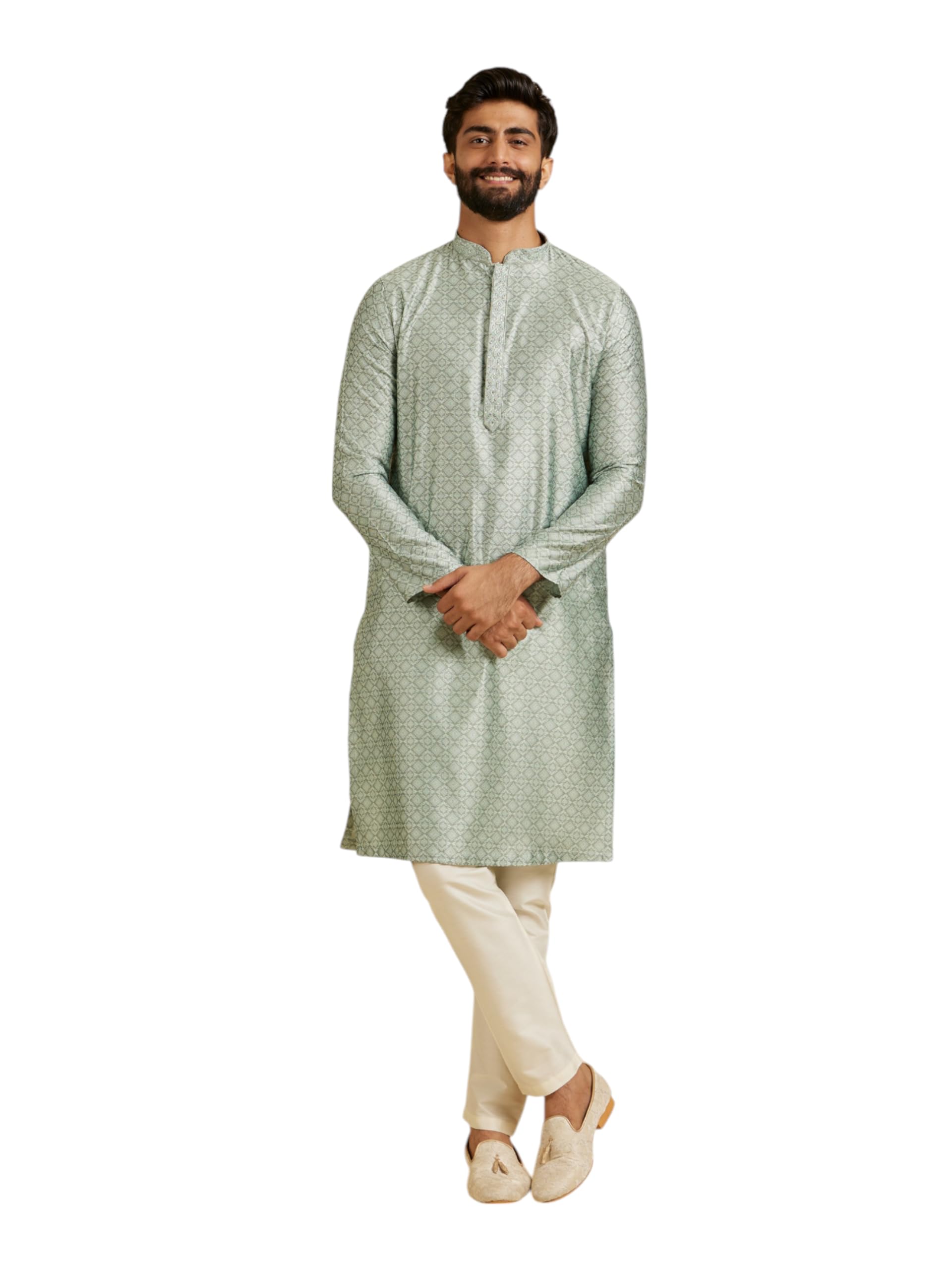 Manyavar Mens Art Silk Neck Embroidered Jacquard Kurta Pyjama Set (Green,XL)