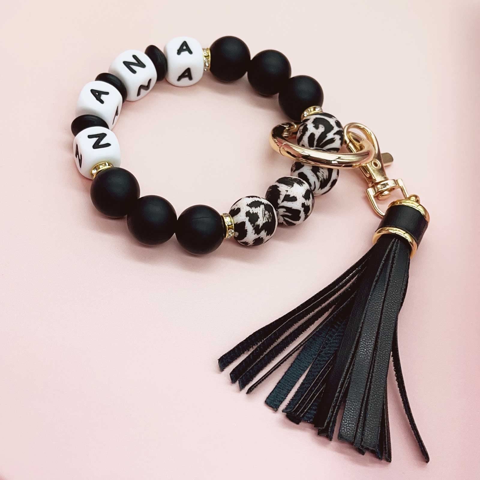 BAOSIWA Silicone Beaded Nana Bracelet Keychain Black Leopard Wristlet Key Ring Bangle Chains Christmas Gifts for Women Grandma w