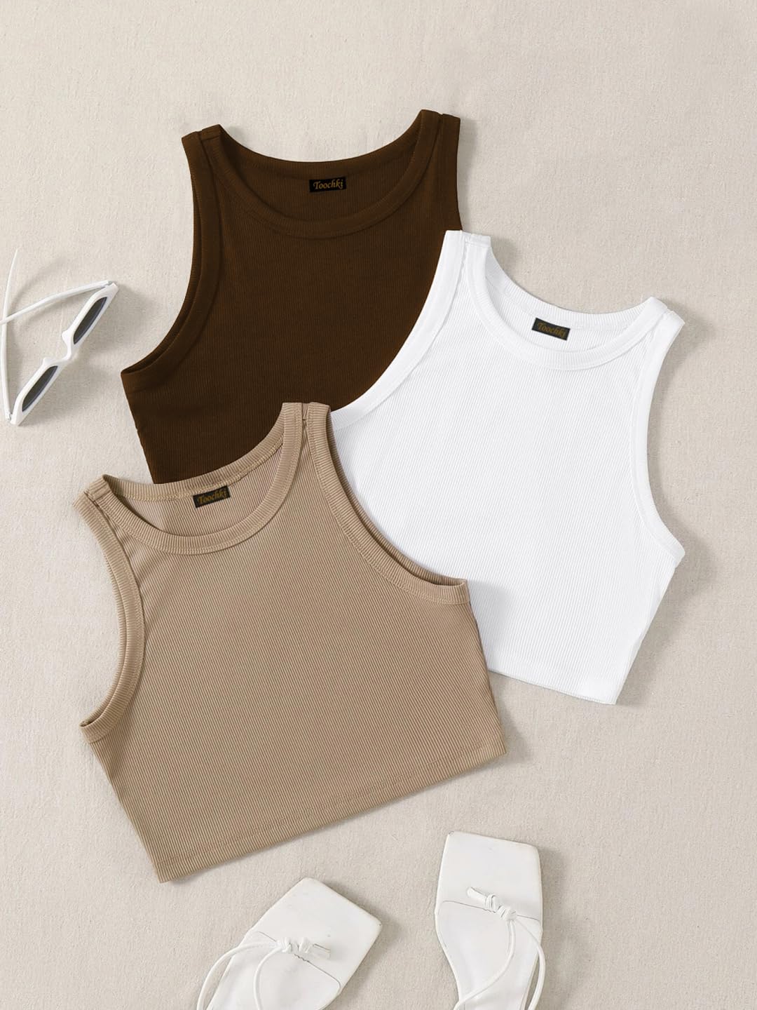 Toochki Tops for Woman | Spandex Top | Crop | Short | Western | for Jeans | Sleeveless | Stretchable | Pack of Three | Beige-Whi