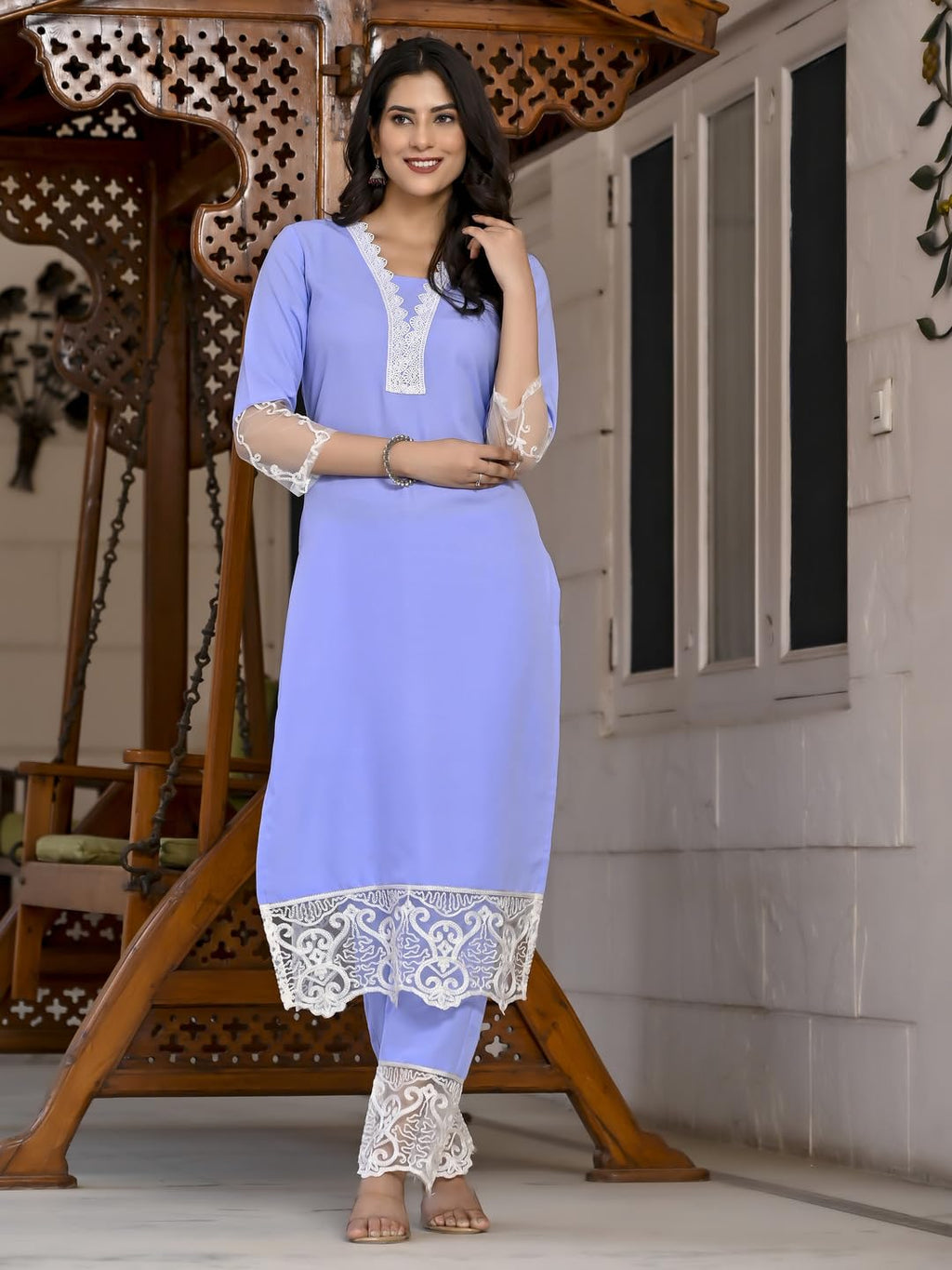 ANNI DESIGNER Ladies Cotton Blend Kurta with Trousers, azure, M