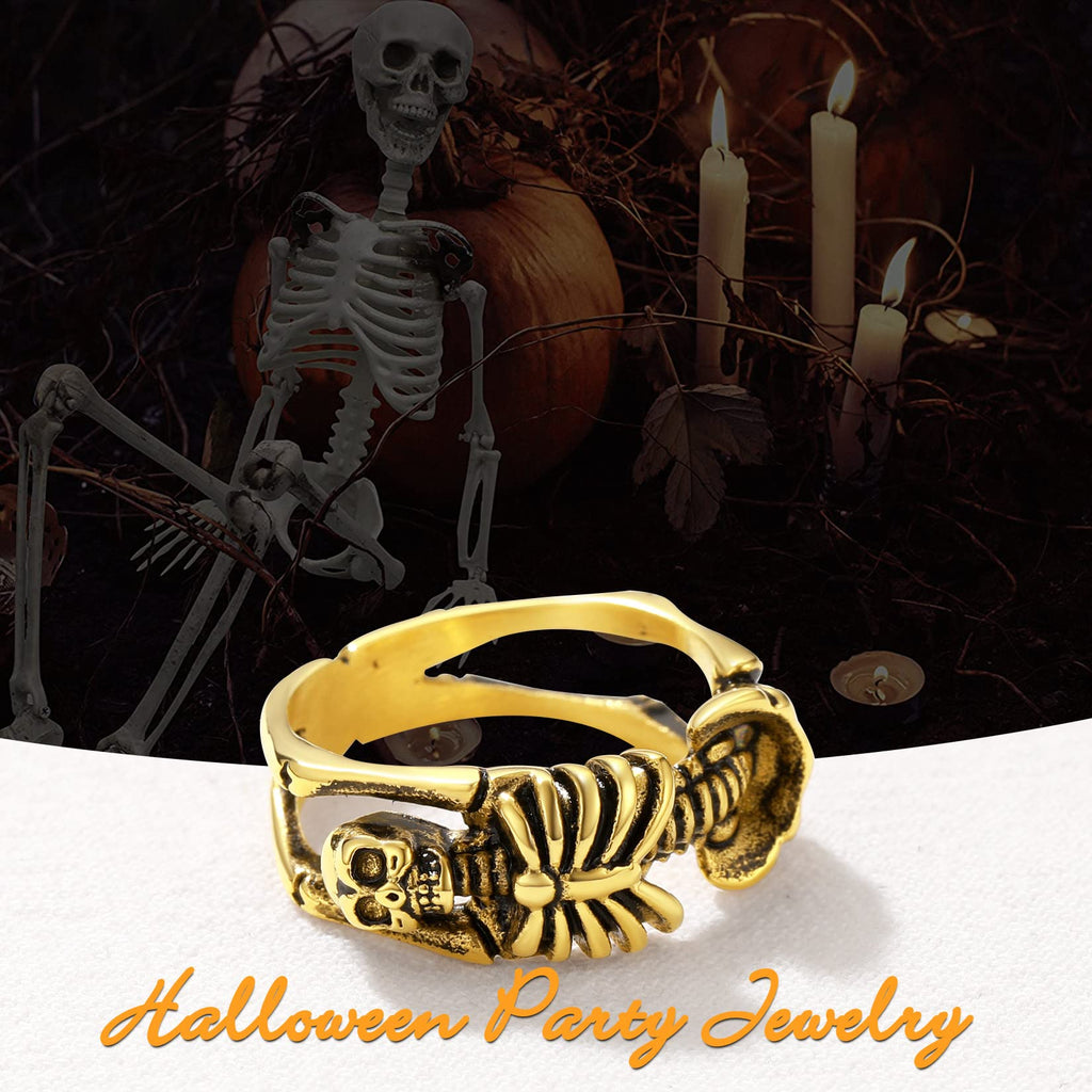 U7 Skeleton Rings 18k Gold Plated Halloween Costume Jewelry Gothic Punk Skull Ring Biker Size 8