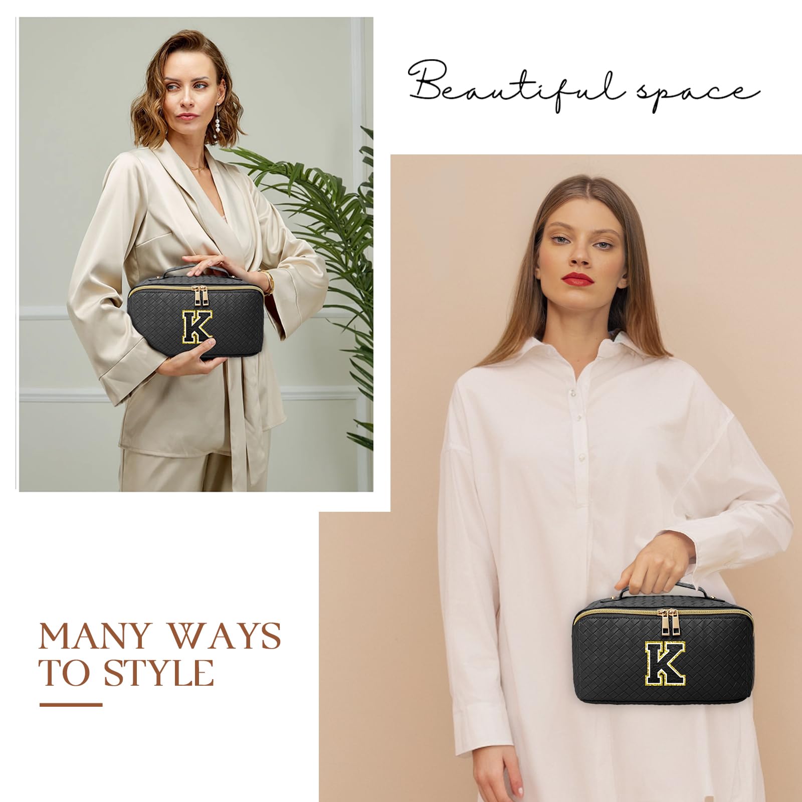 AURUZA Spacious Travel-Ready Makeup bag-Deluxe Cosmetic Bag Organizer with Adjustable Divider-Carry Handle-and Flat Lay Design-I