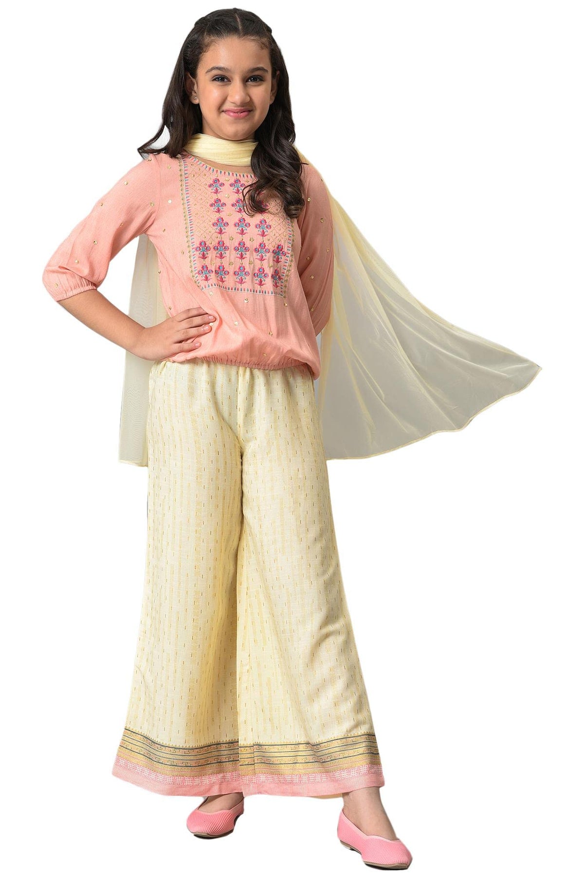 Aurelia Girls Viscose Top-Semi Flare Palazzo-Dupatta (22AUG10260C-603466_Pink