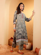 Varanga Women Tonal Floral Printed Thread Embroidered Kurta With Bottom & Sequinned Dupatta ??Elegant Ethnic Set