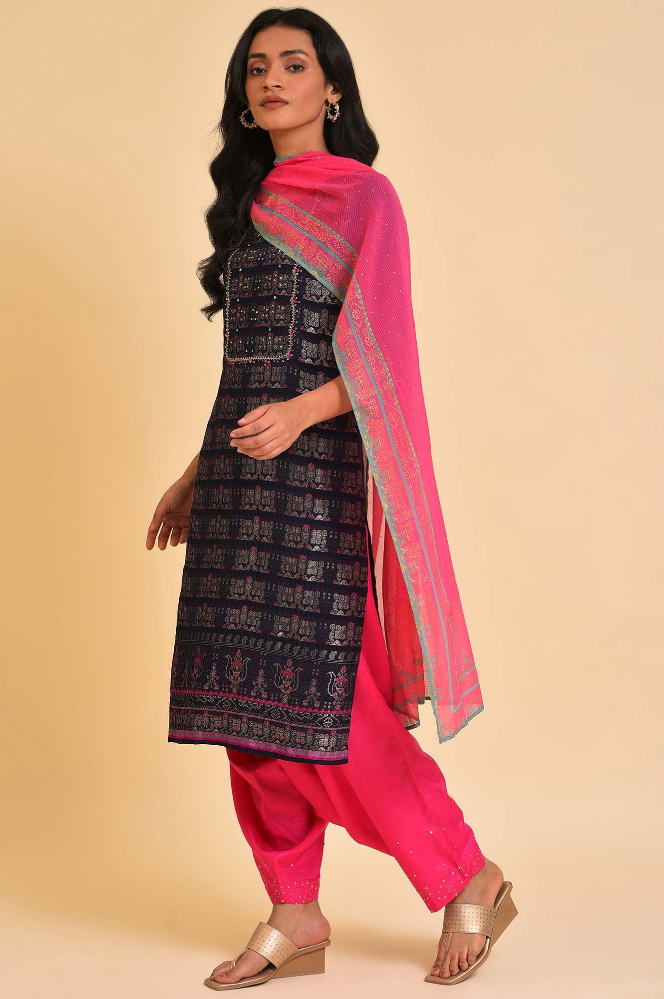 W For Woman WomenS Rayon Kurta, Salwar & Dupatta (23Fesp11190-312495_Navy