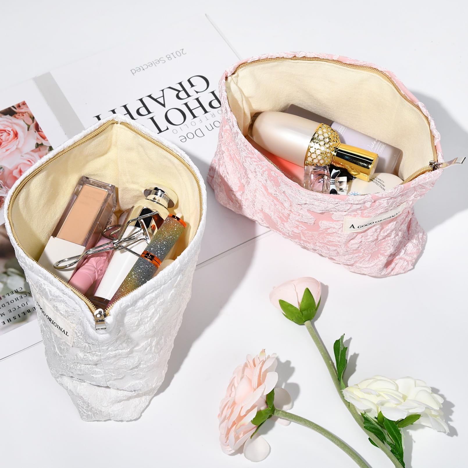 SOIDRAM 2 Pieces Flower Makeup Bag Large Floral Cosmetic Bag Capacity Canvas Travel Toiletry Bag Organizer Cute Makeup Brushes A