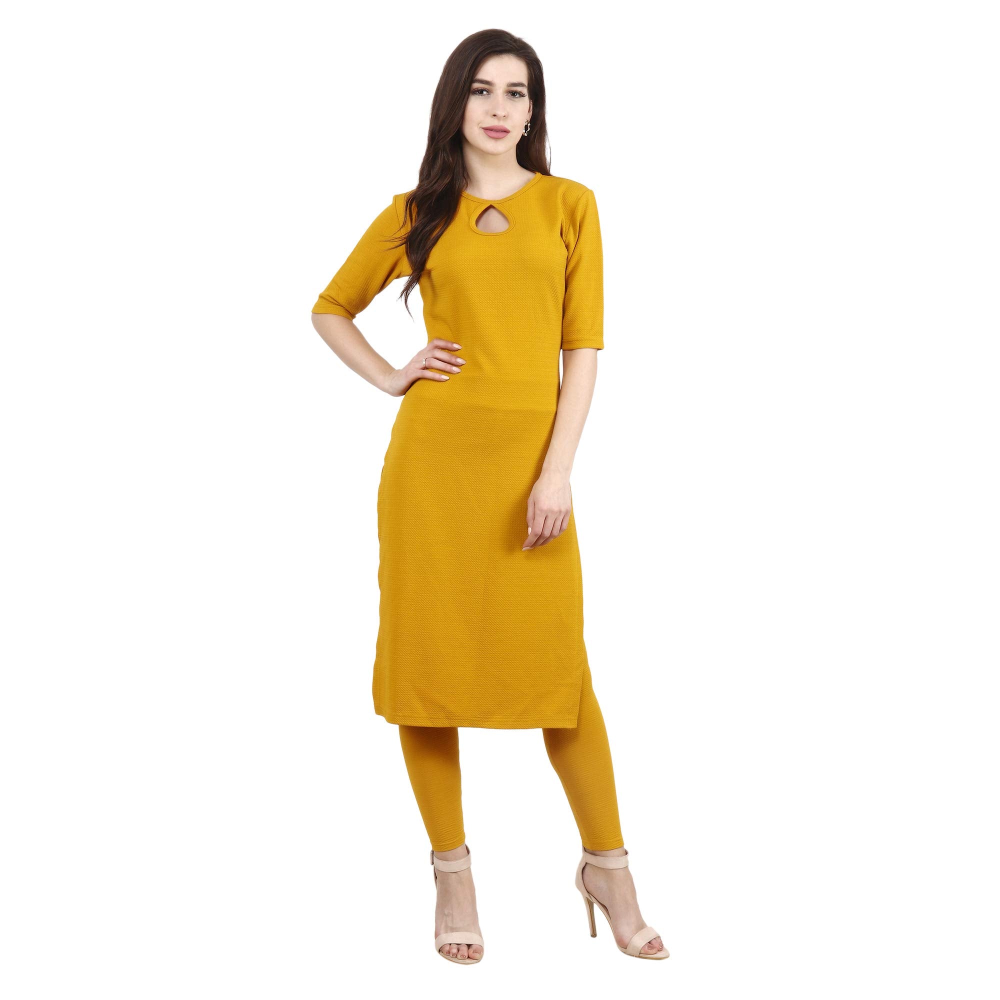 Popwings Casual Mustard Keyhole Hosiery Kurti Jegging Set
