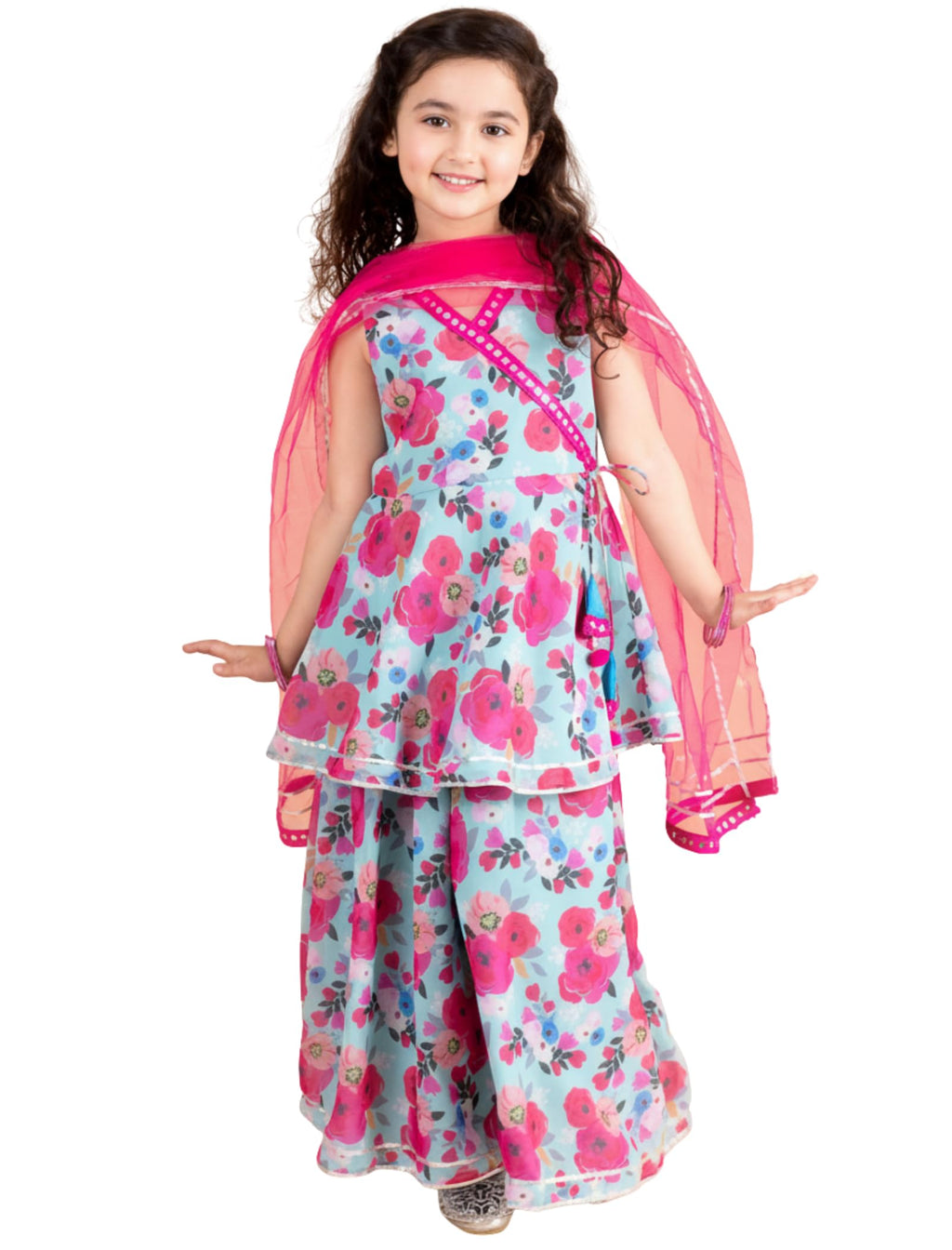 Naixa Girls Pink Rayon V Neck Sleeveless Floral Printed Flared-Fit Kurta And Sharara With Dupatta Set | Lasted Designer Printed 