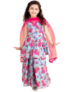 Naixa Girls Pink Rayon V Neck Sleeveless Floral Printed Flared-Fit Kurta And Sharara With Dupatta Set | Lasted Designer Printed 