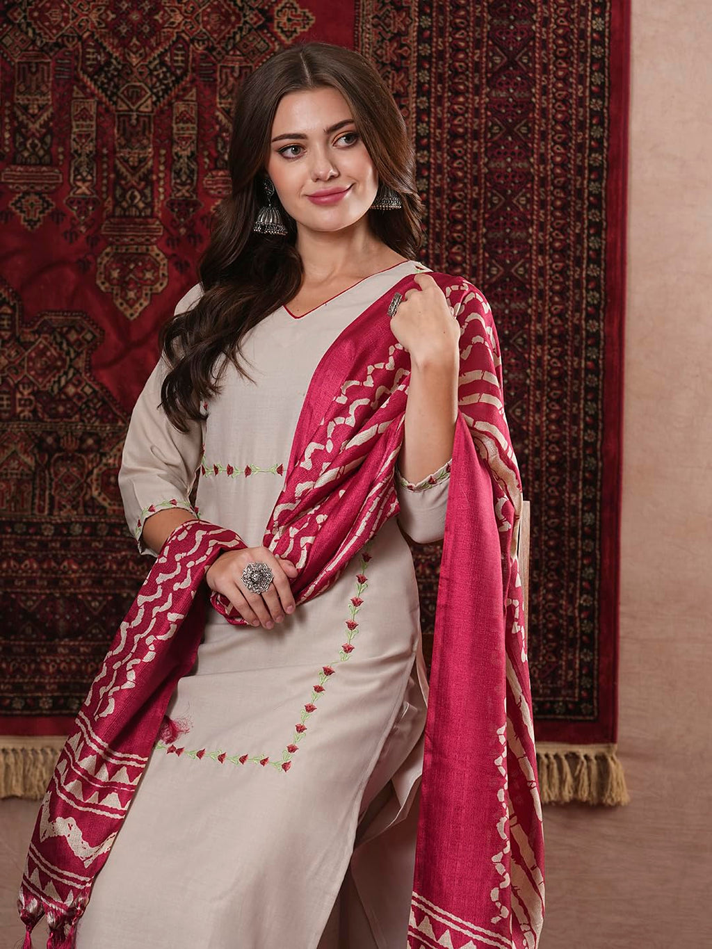 ANNI DESIGNER Ladies Cotton Blend Embroidered Straight Trousers Kurta Dupatta