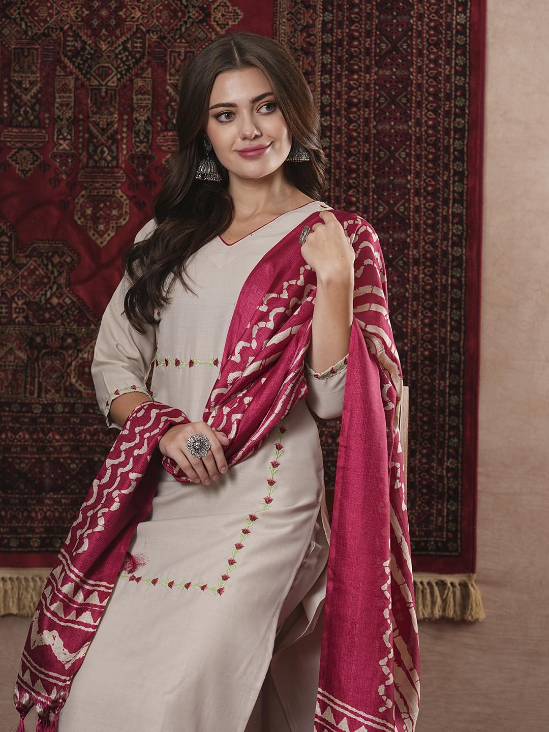 ANNI DESIGNER Ladies Cotton Blend Embroidered Straight Trousers Kurta Dupatta