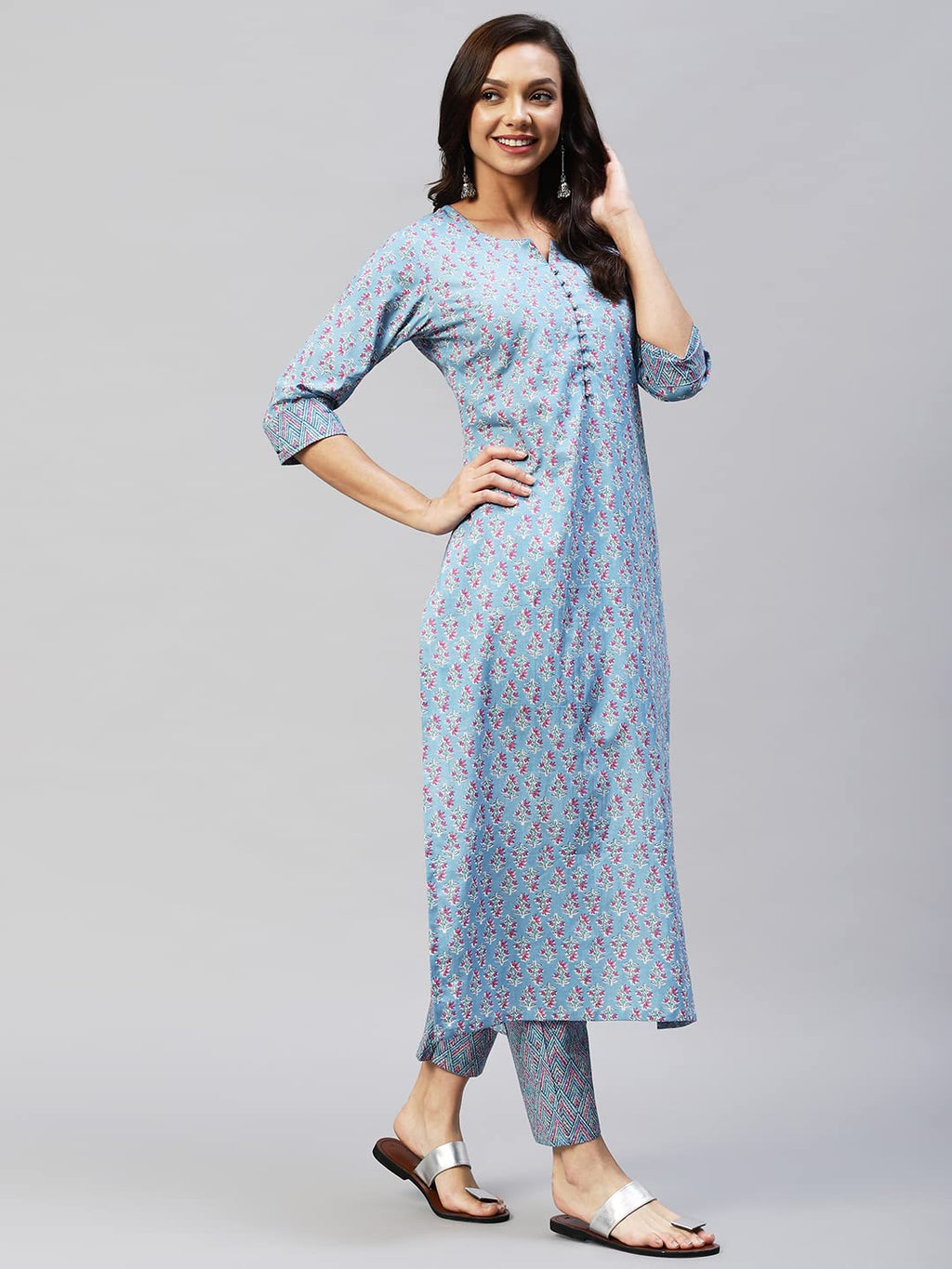 ANNI DESIGNER Womens Cotton Blend Straight Printed Kurta with Pant (Padwil Blue_M_ Blue_Medium)
