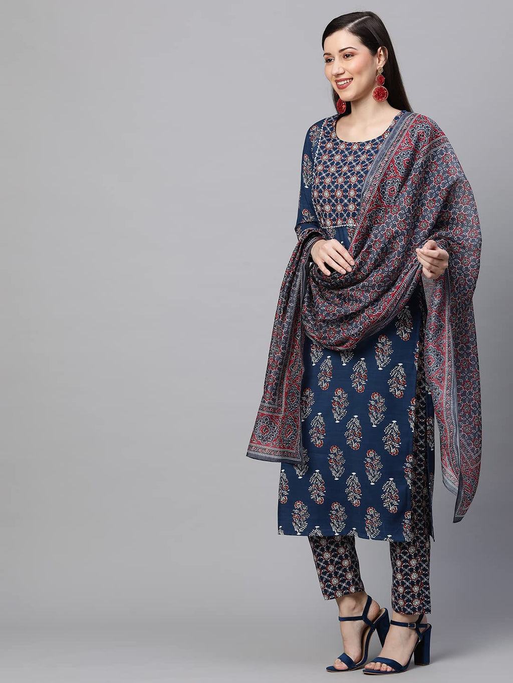 Anni Designer Women'S Cotton Blend Straight Printed Kurta With Pant & Dupatta Set (Jasmine-Nv)