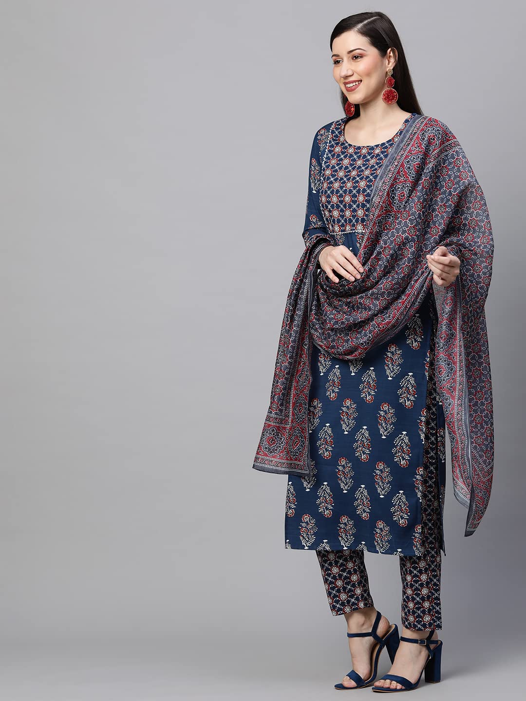 Anni Designer Women'S Cotton Blend Straight Printed Kurta With Pant & Dupatta Set (Jasmine-Nv)