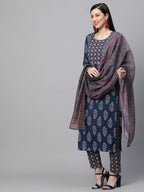 Gosriki Women'S Cotton Blend Straight Printed Kurta With Pant & Dupatta Set (Jasmine-Nv-Gs)