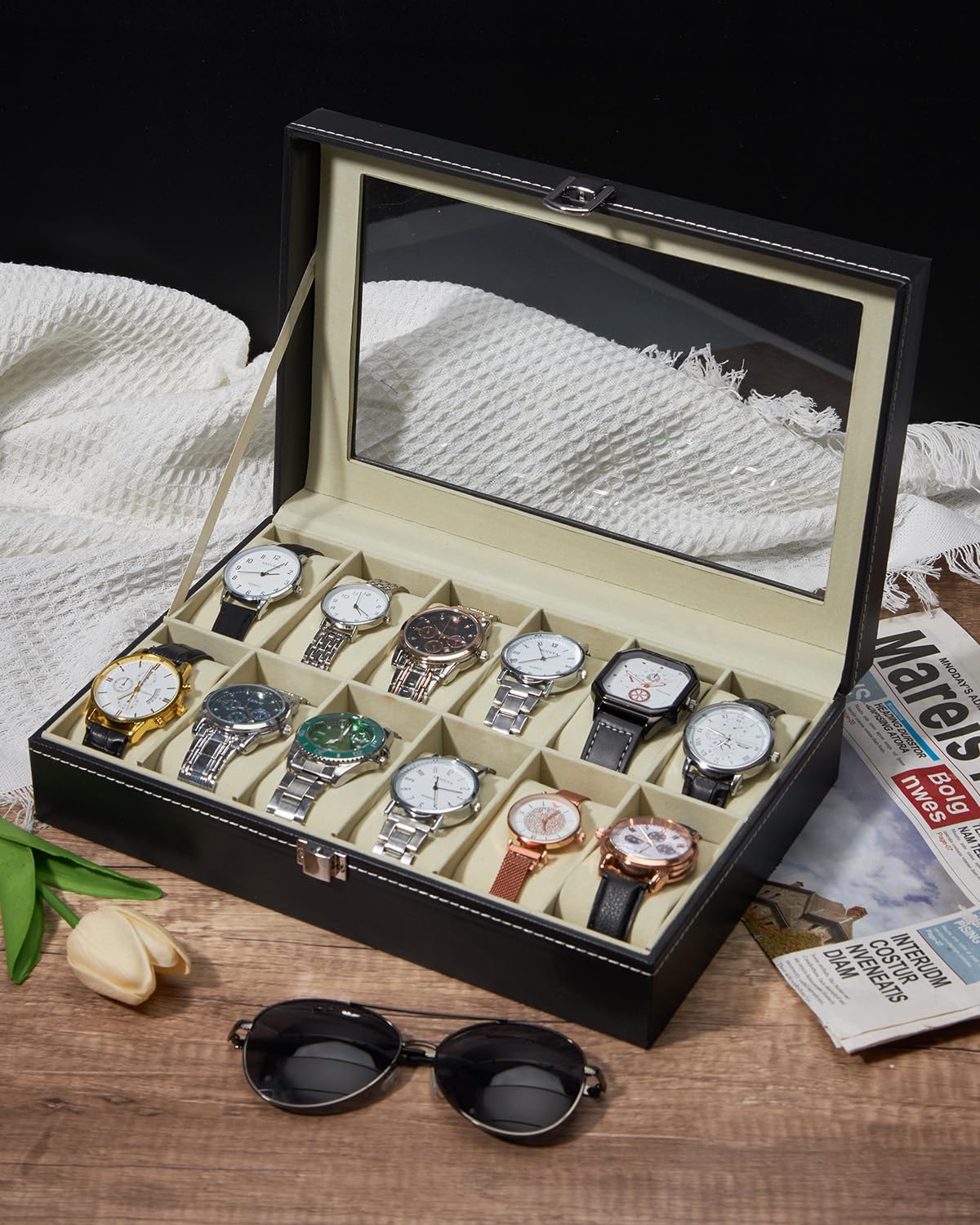 Ohuhu Watch Cases for Men, Watch Box Watch Holder Watch Organizer Display Storage 12 Slot PU Leather Real Glass Lid Soft Velvet