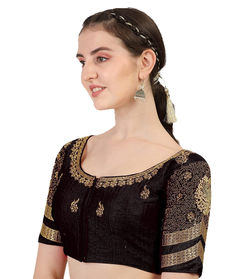 Pujia Mills WomenS Silk Readymade Stylish Design Half Sleeve Maggam Designs Pattu Aari Work Blouse For Wedding (Black Color, 38