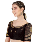 Pujia Mills WomenS Silk Readymade Stylish Design Half Sleeve Maggam Designs Pattu Aari Work Blouse For Wedding (Black Color, 38