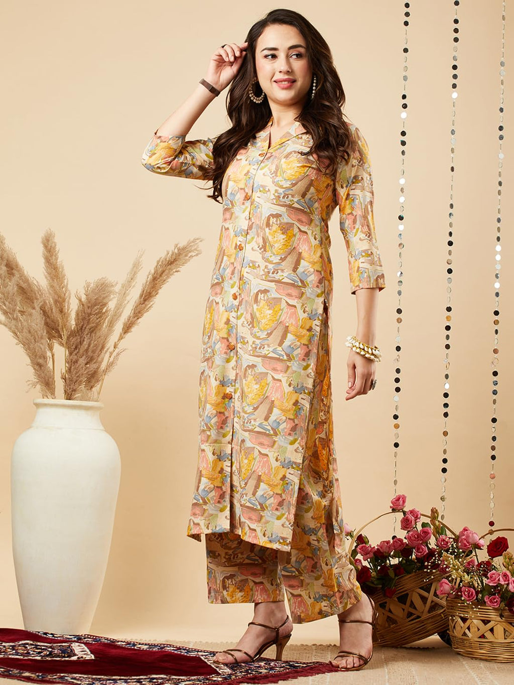 ANNI DESIGNER Ladies Cotton Blend Kurta with Trousers, yellow, S
