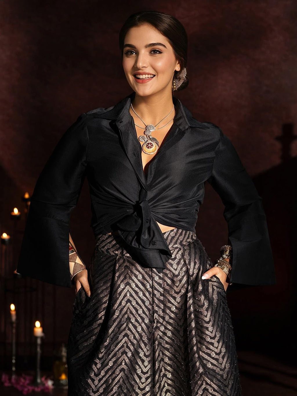 Ishin WomenS Black & Gold Festive Crop Knot Top With Flared Brocade Trousers