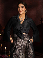 Ishin WomenS Black & Gold Festive Crop Knot Top With Flared Brocade Trousers