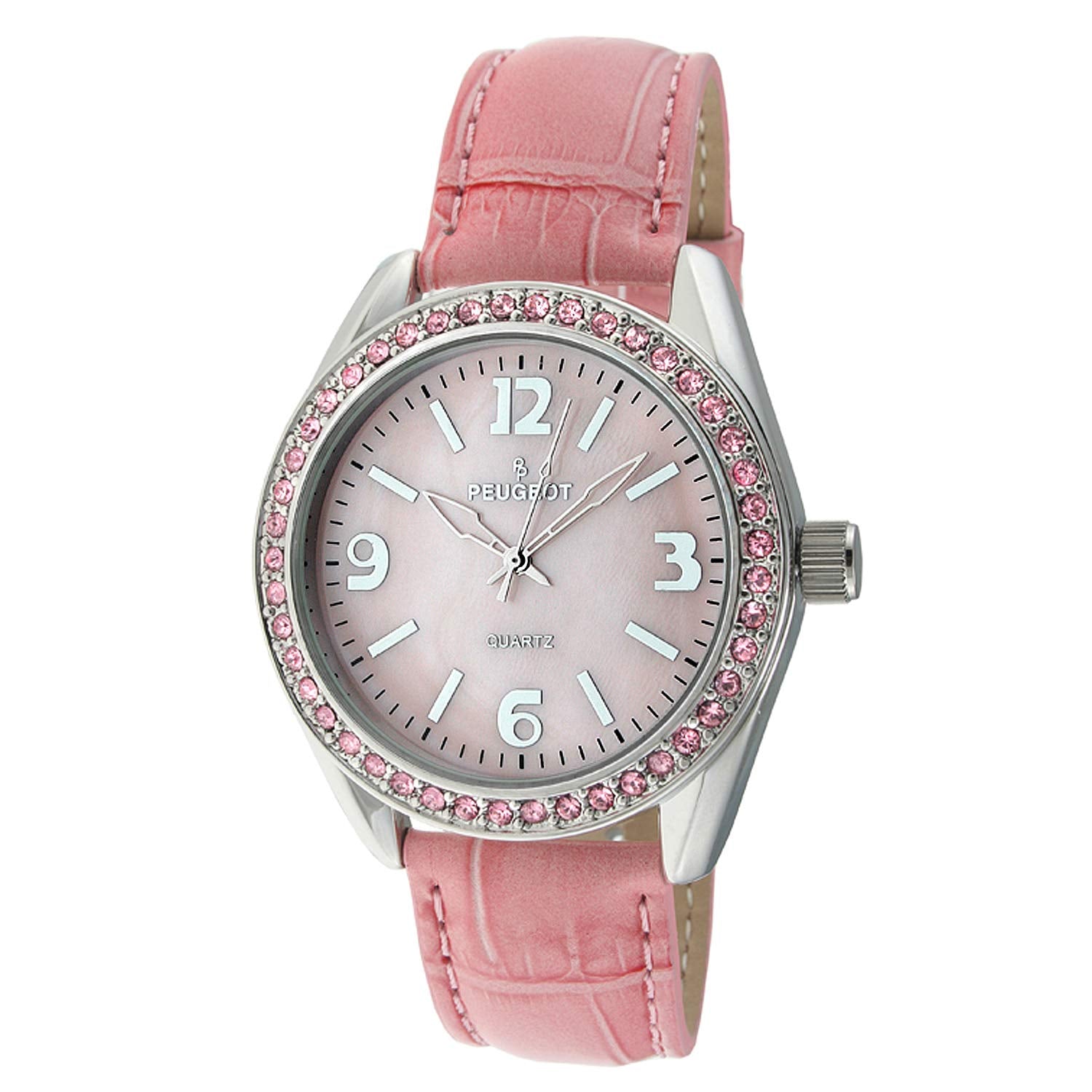 Peugeot Women's Boyfriend Large Face Case Dress Wrist Watch with Swarovski Crystal Bezel & Thick Leather Strap Band