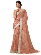 Satrani Womens Linen Printed & Zari Border Ready To Wear One Minute Pre Pleated Readymade Saree with Unstitched Blouse Piece (3